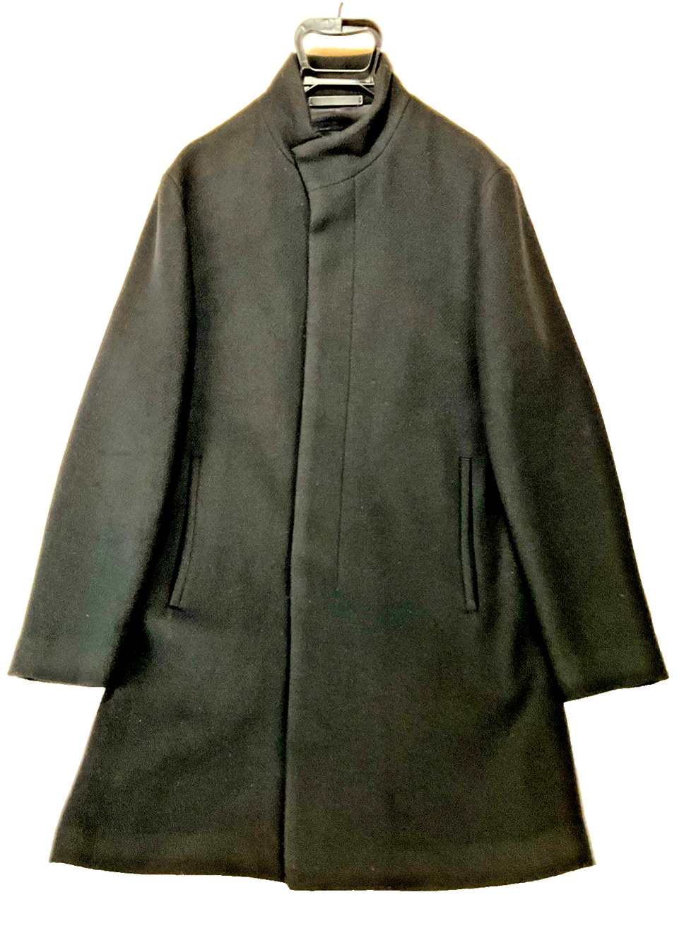 THEORY Men’s Medium Black Melton Wool Blend Belvin Overcoat Modern W/Garment Bag